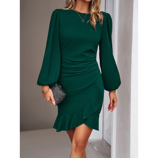 Pleated Solid Color Split-Joint Loose Puff Sleeves Round-Neck Mini Dresses Pleated Solid Color Split-Joint Loose Puff Sleeves Round-Neck Mini Dresses