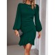 Pleated Solid Color Split-Joint Loose Puff Sleeves Round-Neck Mini Dresses Pleated Solid Color Split-Joint Loose Puff Sleeves Round-Neck Mini Dresses