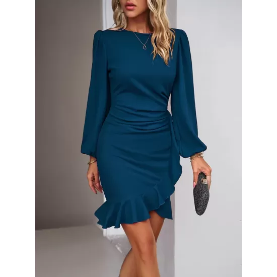 Pleated Solid Color Split-Joint Loose Puff Sleeves Round-Neck Mini Dresses Pleated Solid Color Split-Joint Loose Puff Sleeves Round-Neck Mini Dresses