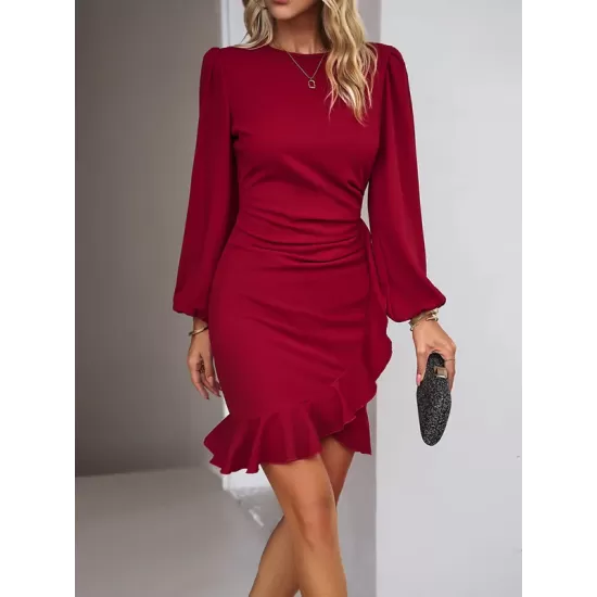 Pleated Solid Color Split-Joint Loose Puff Sleeves Round-Neck Mini Dresses Pleated Solid Color Split-Joint Loose Puff Sleeves Round-Neck Mini Dresses