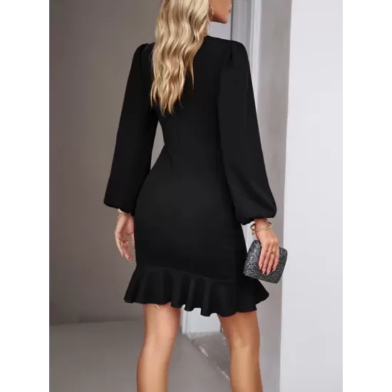 Pleated Solid Color Split-Joint Loose Puff Sleeves Round-Neck Mini Dresses Pleated Solid Color Split-Joint Loose Puff Sleeves Round-Neck Mini Dresses