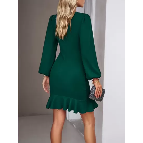 Pleated Solid Color Split-Joint Loose Puff Sleeves Round-Neck Mini Dresses Pleated Solid Color Split-Joint Loose Puff Sleeves Round-Neck Mini Dresses