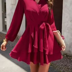 Ruffled Solid Color Tied Waist A-Line High Waisted V-Neck Mini Dresses