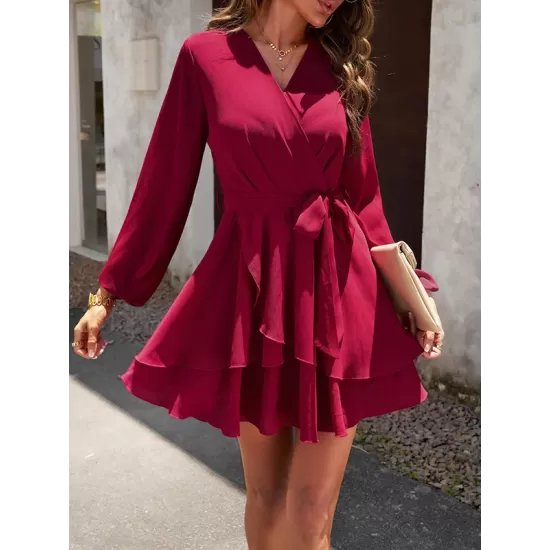Ruffled Solid Color Tied Waist A-Line High Waisted V-Neck Mini Dresses Ruffled Solid Color Tied Waist A-Line High Waisted V-Neck Mini Dresses
