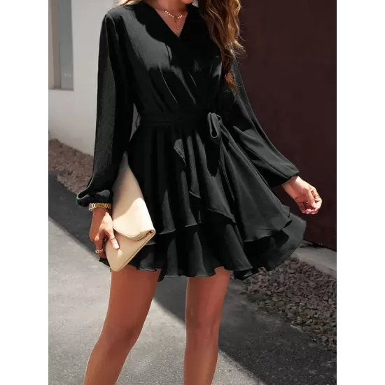 Ruffled Solid Color Tied Waist A-Line High Waisted V-Neck Mini Dresses Ruffled Solid Color Tied Waist A-Line High Waisted V-Neck Mini Dresses
