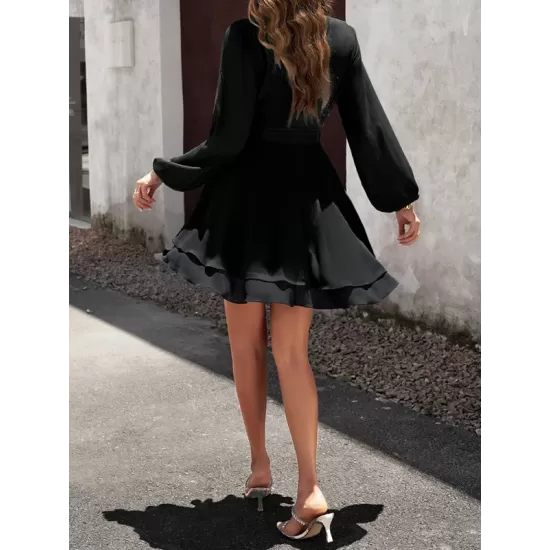 Ruffled Solid Color Tied Waist A-Line High Waisted V-Neck Mini Dresses Ruffled Solid Color Tied Waist A-Line High Waisted V-Neck Mini Dresses