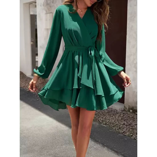 Ruffled Solid Color Tied Waist A-Line High Waisted V-Neck Mini Dresses Ruffled Solid Color Tied Waist A-Line High Waisted V-Neck Mini Dresses