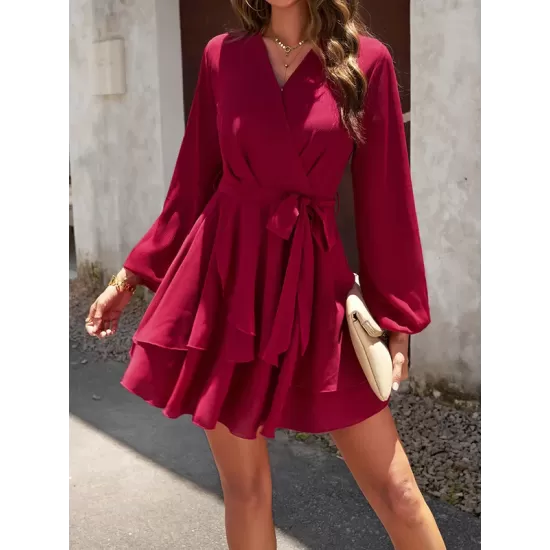 Ruffled Solid Color Tied Waist A-Line High Waisted V-Neck Mini Dresses Ruffled Solid Color Tied Waist A-Line High Waisted V-Neck Mini Dresses