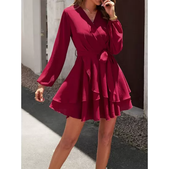 Ruffled Solid Color Tied Waist A-Line High Waisted V-Neck Mini Dresses Ruffled Solid Color Tied Waist A-Line High Waisted V-Neck Mini Dresses