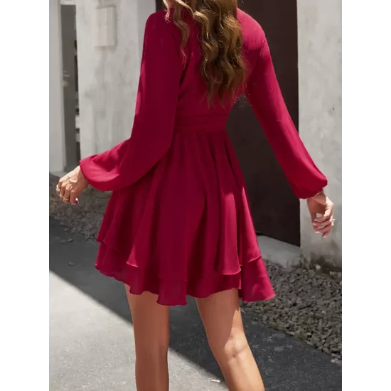 Ruffled Solid Color Tied Waist A-Line High Waisted V-Neck Mini Dresses Ruffled Solid Color Tied Waist A-Line High Waisted V-Neck Mini Dresses