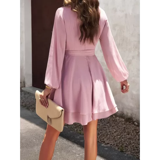 Ruffled Solid Color Tied Waist A-Line High Waisted V-Neck Mini Dresses Ruffled Solid Color Tied Waist A-Line High Waisted V-Neck Mini Dresses
