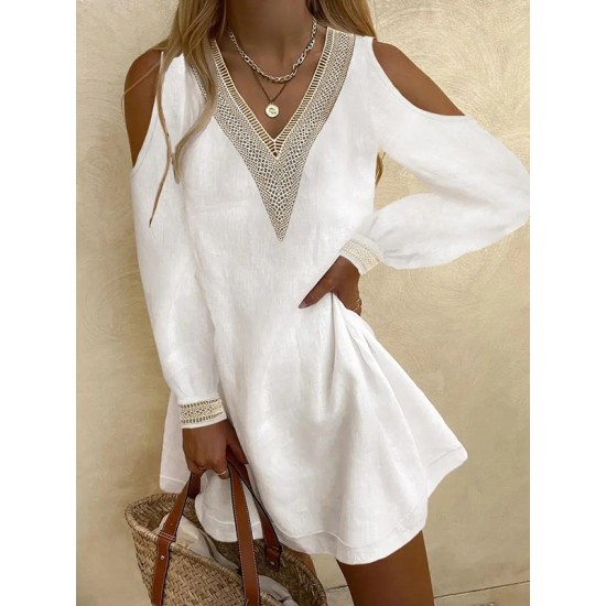 Hollow Split-Back Long Sleeves Loose Cold Shoulder Mini Dresses Hollow Split-Back Long Sleeves Loose Cold Shoulder Mini Dresses