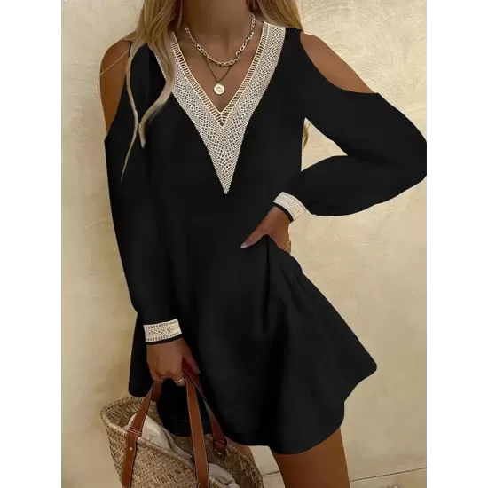 Hollow Split-Back Long Sleeves Loose Cold Shoulder Mini Dresses Hollow Split-Back Long Sleeves Loose Cold Shoulder Mini Dresses