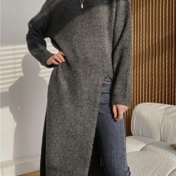Loose Split-Side Solid Color Round-Neck Knitting Sweater Dresses