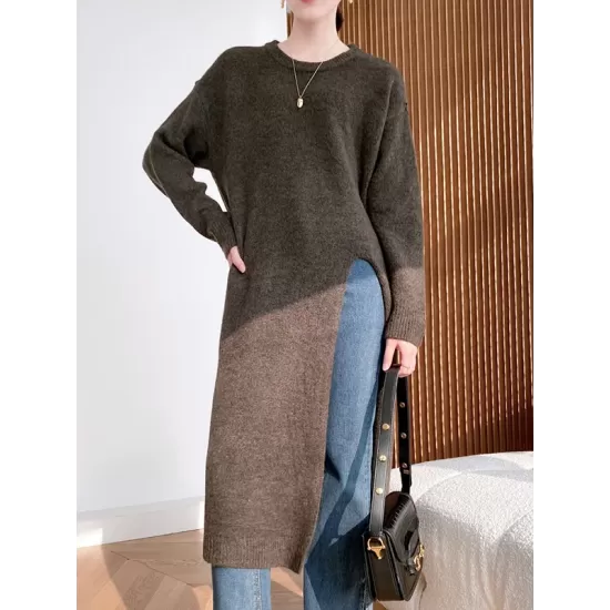 Loose Split-Side Solid Color Round-Neck Knitting Sweater Dresses Loose Split-Side Solid Color Round-Neck Knitting Sweater Dresses