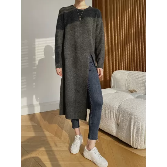 Loose Split-Side Solid Color Round-Neck Knitting Sweater Dresses Loose Split-Side Solid Color Round-Neck Knitting Sweater Dresses