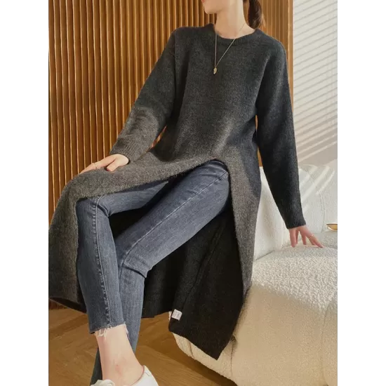 Loose Split-Side Solid Color Round-Neck Knitting Sweater Dresses Loose Split-Side Solid Color Round-Neck Knitting Sweater Dresses