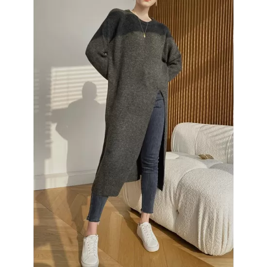 Loose Split-Side Solid Color Round-Neck Knitting Sweater Dresses Loose Split-Side Solid Color Round-Neck Knitting Sweater Dresses