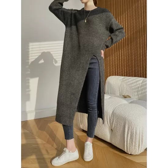 Loose Split-Side Solid Color Round-Neck Knitting Sweater Dresses Loose Split-Side Solid Color Round-Neck Knitting Sweater Dresses