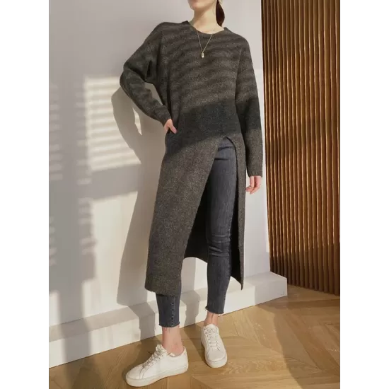 Loose Split-Side Solid Color Round-Neck Knitting Sweater Dresses Loose Split-Side Solid Color Round-Neck Knitting Sweater Dresses