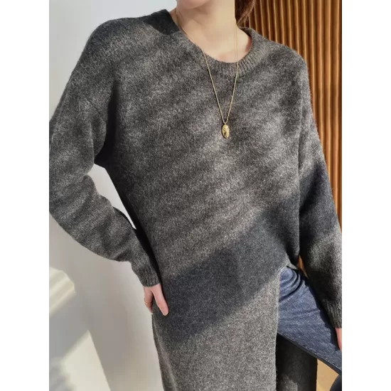 Loose Split-Side Solid Color Round-Neck Knitting Sweater Dresses Loose Split-Side Solid Color Round-Neck Knitting Sweater Dresses