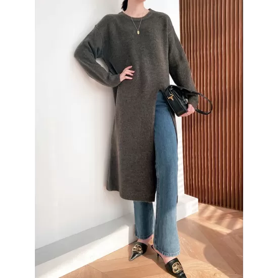 Loose Split-Side Solid Color Round-Neck Knitting Sweater Dresses Loose Split-Side Solid Color Round-Neck Knitting Sweater Dresses
