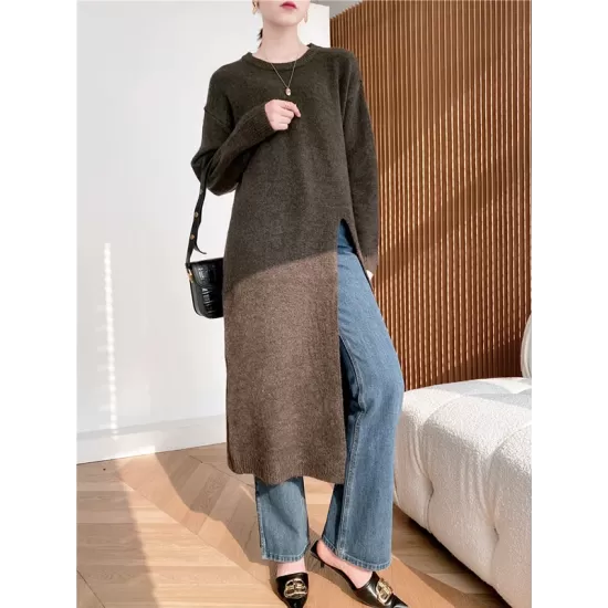 Loose Split-Side Solid Color Round-Neck Knitting Sweater Dresses Loose Split-Side Solid Color Round-Neck Knitting Sweater Dresses