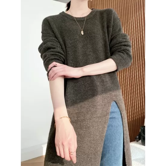 Loose Split-Side Solid Color Round-Neck Knitting Sweater Dresses Loose Split-Side Solid Color Round-Neck Knitting Sweater Dresses