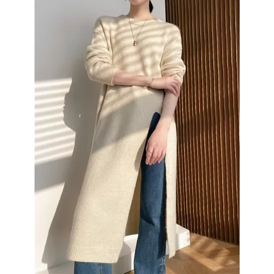Loose Split-Side Solid Color Round-Neck Knitting Sweater Dresses Loose Split-Side Solid Color Round-Neck Knitting Sweater Dresses
