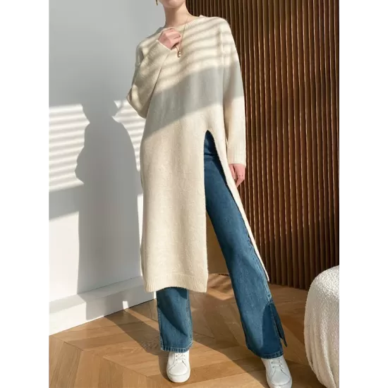 Loose Split-Side Solid Color Round-Neck Knitting Sweater Dresses Loose Split-Side Solid Color Round-Neck Knitting Sweater Dresses