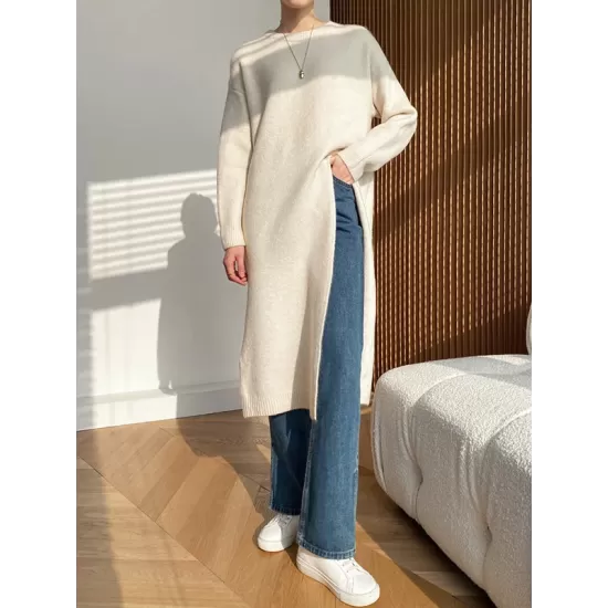 Loose Split-Side Solid Color Round-Neck Knitting Sweater Dresses Loose Split-Side Solid Color Round-Neck Knitting Sweater Dresses