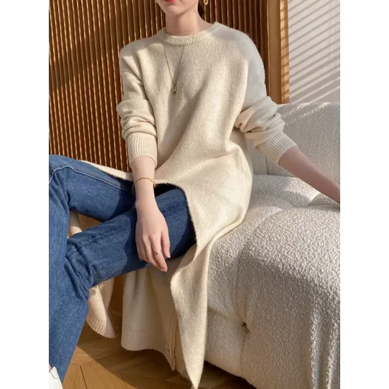 Loose Split-Side Solid Color Round-Neck Knitting Sweater Dresses Loose Split-Side Solid Color Round-Neck Knitting Sweater Dresses