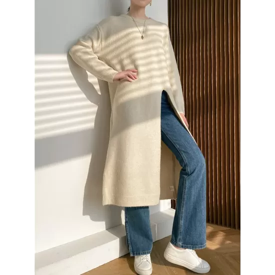 Loose Split-Side Solid Color Round-Neck Knitting Sweater Dresses Loose Split-Side Solid Color Round-Neck Knitting Sweater Dresses