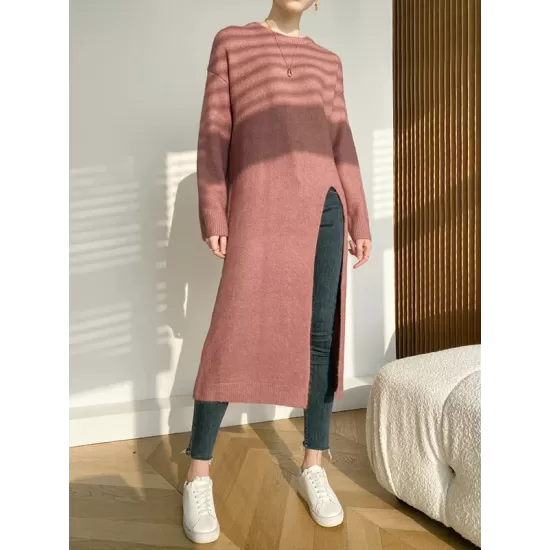 Loose Split-Side Solid Color Round-Neck Knitting Sweater Dresses Loose Split-Side Solid Color Round-Neck Knitting Sweater Dresses