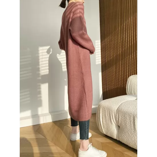 Loose Split-Side Solid Color Round-Neck Knitting Sweater Dresses Loose Split-Side Solid Color Round-Neck Knitting Sweater Dresses