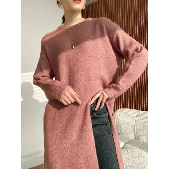 Loose Split-Side Solid Color Round-Neck Knitting Sweater Dresses Loose Split-Side Solid Color Round-Neck Knitting Sweater Dresses