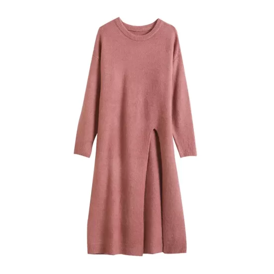 Loose Split-Side Solid Color Round-Neck Knitting Sweater Dresses Loose Split-Side Solid Color Round-Neck Knitting Sweater Dresses