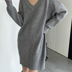 Simple Loose Long Sleeves Solid Color V-Neck Sweater Dresses