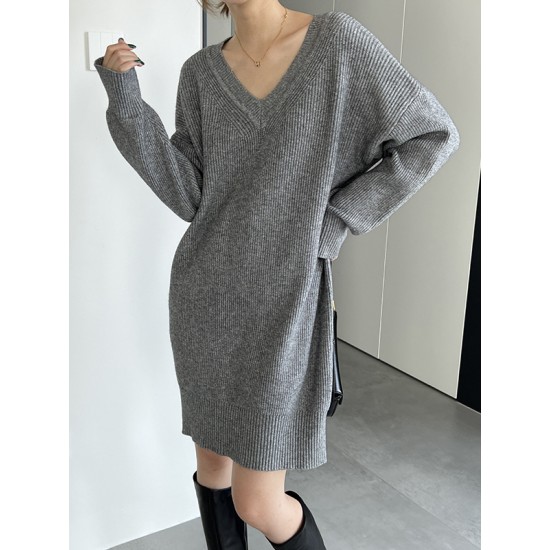 Simple Loose Long Sleeves Solid Color V-Neck Sweater Dresses Simple Loose Long Sleeves Solid Color V-Neck Sweater Dresses