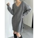 Simple Loose Long Sleeves Solid Color V-Neck Sweater Dresses Simple Loose Long Sleeves Solid Color V-Neck Sweater Dresses