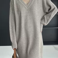 Simple Loose Long Sleeves Solid Color V-Neck Sweater Dresses
