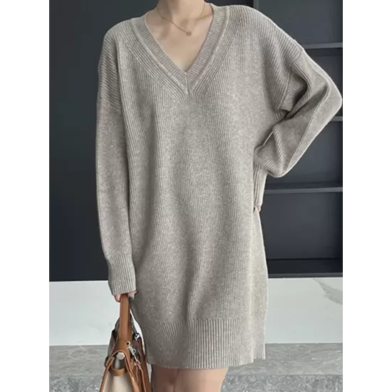 Simple Loose Long Sleeves Solid Color V-Neck Sweater Dresses Simple Loose Long Sleeves Solid Color V-Neck Sweater Dresses