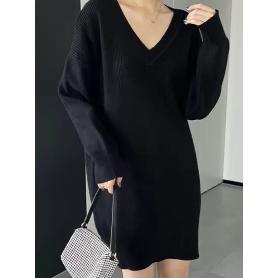 Simple Loose Long Sleeves Solid Color V-Neck Sweater Dresses Simple Loose Long Sleeves Solid Color V-Neck Sweater Dresses