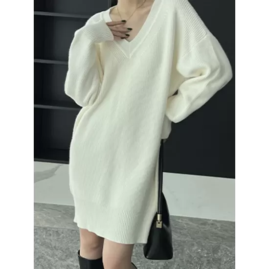 Simple Loose Long Sleeves Solid Color V-Neck Sweater Dresses Simple Loose Long Sleeves Solid Color V-Neck Sweater Dresses