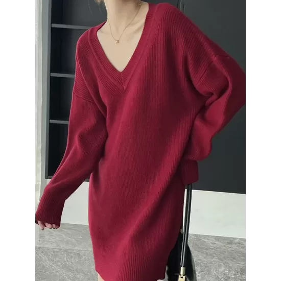 Simple Loose Long Sleeves Solid Color V-Neck Sweater Dresses Simple Loose Long Sleeves Solid Color V-Neck Sweater Dresses