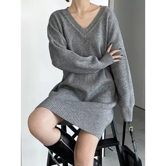 Simple Loose Long Sleeves Solid Color V-Neck Sweater Dresses Simple Loose Long Sleeves Solid Color V-Neck Sweater Dresses