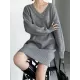 Simple Loose Long Sleeves Solid Color V-Neck Sweater Dresses Simple Loose Long Sleeves Solid Color V-Neck Sweater Dresses