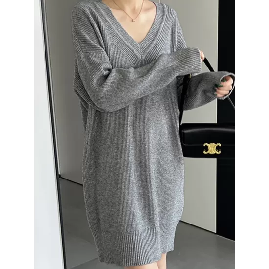 Simple Loose Long Sleeves Solid Color V-Neck Sweater Dresses Simple Loose Long Sleeves Solid Color V-Neck Sweater Dresses