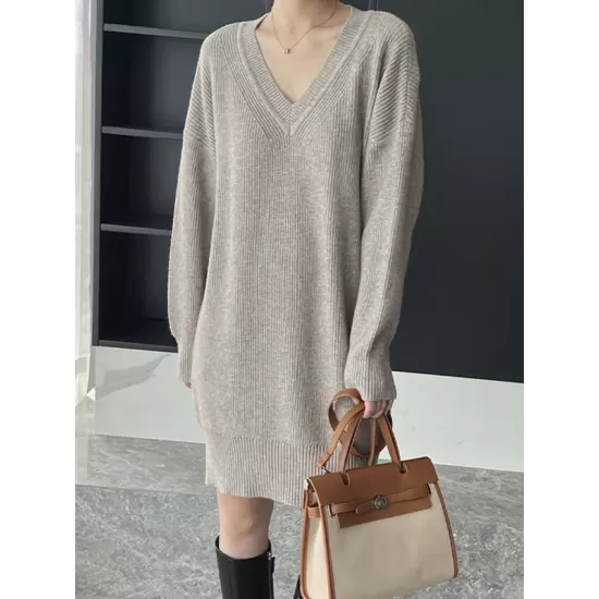 Simple Loose Long Sleeves Solid Color V-Neck Sweater Dresses Simple Loose Long Sleeves Solid Color V-Neck Sweater Dresses