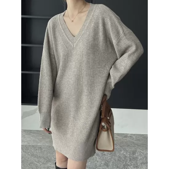 Simple Loose Long Sleeves Solid Color V-Neck Sweater Dresses Simple Loose Long Sleeves Solid Color V-Neck Sweater Dresses
